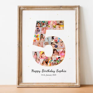 May include: A framed photo collage in the shape of the number 5, made up of photos of a young girl. The text "Happy Birthday Sophia 14th January 2025" is printed below the collage.