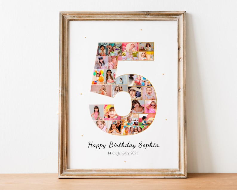 May include: A framed photo collage in the shape of the number 5, made up of photos of a young girl. The text "Happy Birthday Sophia 14th January 2025" is printed below the collage.