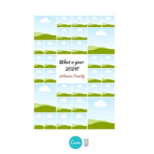May include: A printable photo collage template with a green and blue landscape design. The template has 36 squares for photos and the text "What a year 2024! Johnson Family".