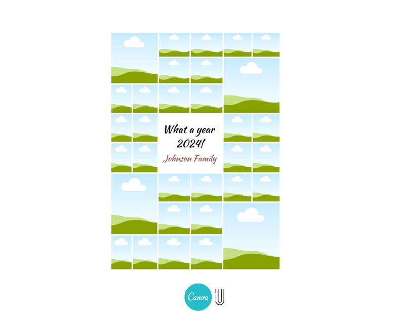 May include: A printable photo collage template with a green and blue landscape design. The template has 36 squares for photos and the text "What a year 2024! Johnson Family".