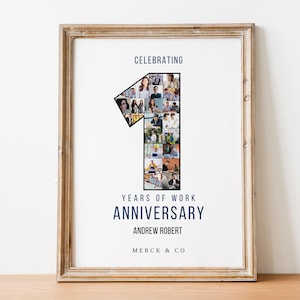May include: Framed print celebrating a work anniversary. The number "1" is filled with photos. Text reads "Celebrating Years of Work Anniversary" and the name "Andrew Robert" and "Merck & Co" are also displayed.