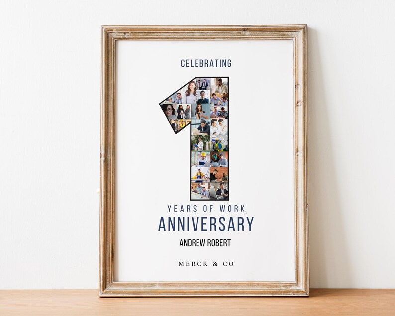 May include: Framed print celebrating a work anniversary. The number "1" is filled with photos. Text reads "Celebrating Years of Work Anniversary" and the name "Andrew Robert" and "Merck & Co" are also displayed.