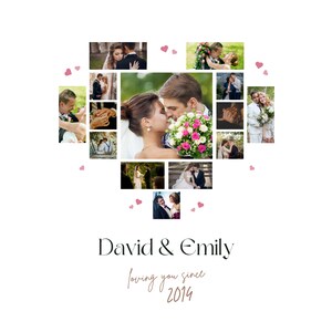 Op de afbeelding: Een hartvormige collage van trouwfoto's van een stel, David & Emily, met de tekst "loving you since 2014" onder de collage.