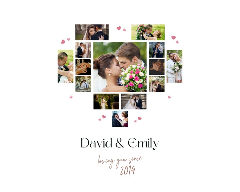 Op de afbeelding: Een hartvormige collage van trouwfoto's van een stel, David & Emily, met de tekst "loving you since 2014" onder de collage.