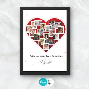 Puede incluir: Una impresi&oacute;n enmarcada con un coraz&oacute;n rojo hecho de fotos m&aacute;s peque&ntilde;as. El coraz&oacute;n est&aacute; rodeado de estrellas doradas. El texto "With you, every day is Valentine's My Love" est&aacute; debajo del coraz&oacute;n.