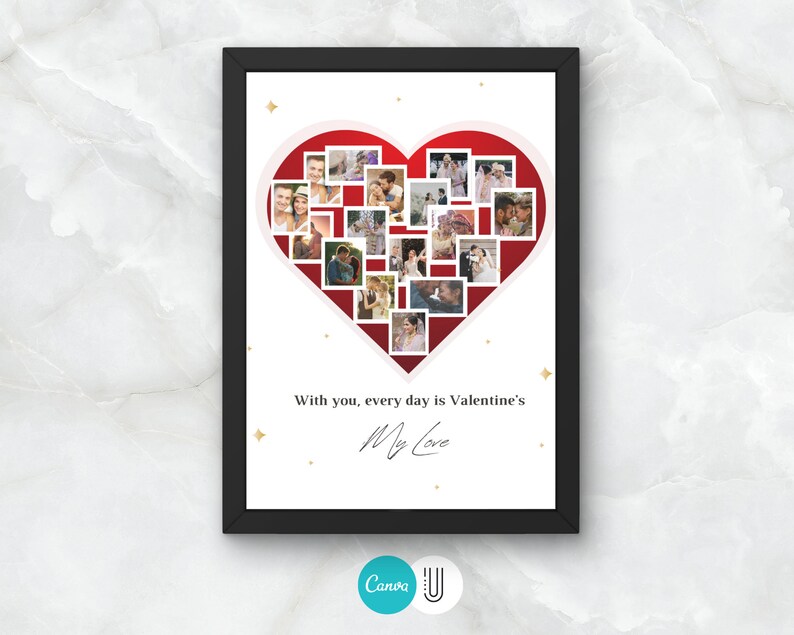 Puede incluir: Una impresi&oacute;n enmarcada con un coraz&oacute;n rojo hecho de fotos m&aacute;s peque&ntilde;as. El coraz&oacute;n est&aacute; rodeado de estrellas doradas. El texto "With you, every day is Valentine's My Love" est&aacute; debajo del coraz&oacute;n.