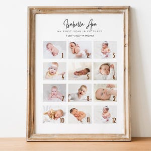 Modèle de collage photo bébé, collage photo imprimable, cadeau pour bébé, affiche modifiable de collage photo d'étape importante, collage photo première année de bébé
