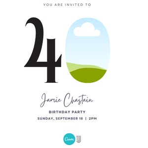 May include: A birthday invitation featuring a black number 40 and a blue and green landscape illustration. The text reads "You are invited to Jamie Chastain Birthday Party Sunday, September 18 | 2PM".