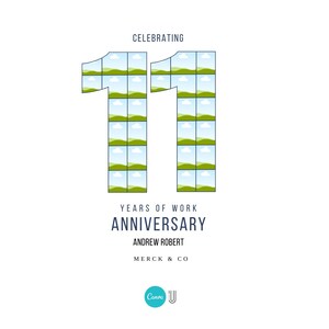 Pu&ograve; includere: Un design grafico bianco che celebra un 11&deg; anniversario di lavoro. Il numero 11 &egrave; formato da una griglia di immagini di paesaggi. Il testo include "Celebrating", "Years of Work", "Anniversary", "Andrew Robert" e "Merck & Co."