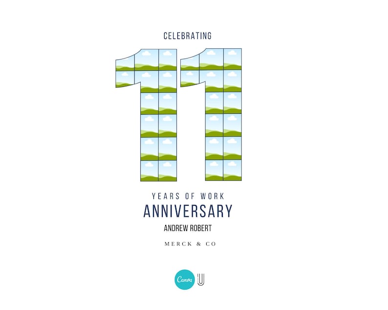 Pu&ograve; includere: Un design grafico bianco che celebra un 11&deg; anniversario di lavoro. Il numero 11 &egrave; formato da una griglia di immagini di paesaggi. Il testo include "Celebrating", "Years of Work", "Anniversary", "Andrew Robert" e "Merck & Co."