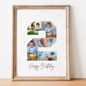 May include: A photo collage in the shape of the number two, featuring a baby boy in different poses. The collage is decorated with blue hearts and the text "Happy Birthday".