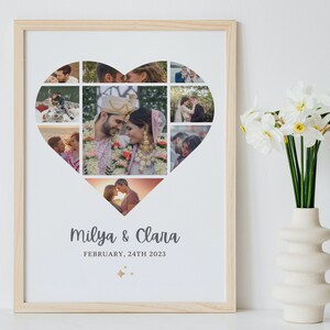 Puede incluir: Un collage enmarcado de fotos de boda en forma de coraz&oacute;n con los nombres de la pareja "Milva & Clara" y la fecha "24 de febrero de 2023" impresa debajo del coraz&oacute;n.