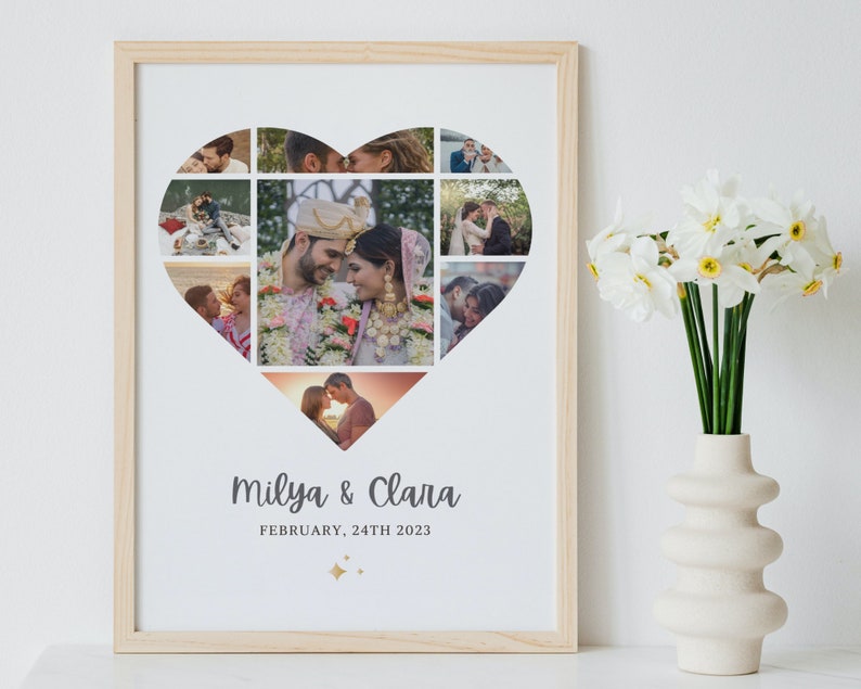Puede incluir: Un collage enmarcado de fotos de boda en forma de coraz&oacute;n con los nombres de la pareja "Milva & Clara" y la fecha "24 de febrero de 2023" impresa debajo del coraz&oacute;n.