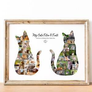 Könnte beinhalten: Ein gerahmter Kunstdruck mit zwei katzenförmigen Silhouetten, die mit einer Collage aus verschiedenen Katzenfotos gefüllt sind. Der Text "My Cute Titoo & Tooti" und "Home Is Where Our Cats Are" ist schwarz zwischen den Formen gedruckt.