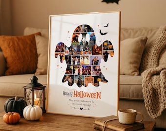 Halloween-Fotocollage-Vorlage, Familiengedenkzeit-Andenken, gruselige Wandkunst, Süßes oder Saures Bilderrahmen, Canva bearbeitbares Geschenk