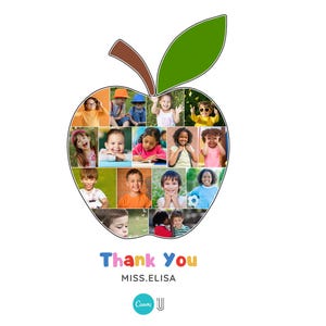 Peut inclure: Un collage de photos d'enfants en forme de pomme, avec une feuille verte et une tige marron. Les mots "Thank You" sont en lettres color&eacute;es, avec "MISS.ELISA" en dessous. Un logo Canva est en bas.