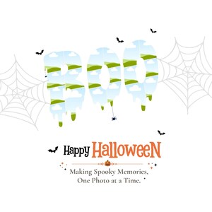 May include: The word BOO in a dripping font filled with a blue sky and green hills pattern, flanked by two light gray spiderwebs. Below, the text Happy HALLOWEEN and Making Spooky Memories, One Photo at a Time, with small bats and a pumpkin.