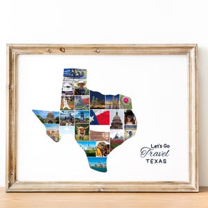 K&ouml;nnte beinhalten: Gerahmter Druck mit der Form von Texas, gef&uuml;llt mit einer Collage von Bildern. Der Druck enth&auml;lt den Text "Let's Go Travel TEXAS" in einer Schreibschrift. Der Rahmen ist hellbraun und der Druck befindet sich auf wei&szlig;em Hintergrund.