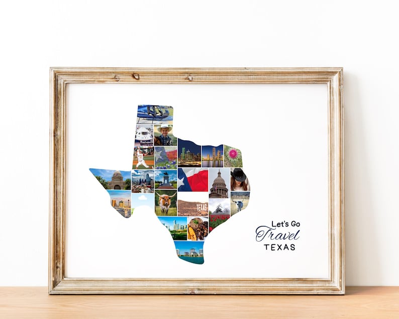 K&ouml;nnte beinhalten: Gerahmter Druck mit der Form von Texas, gef&uuml;llt mit einer Collage von Bildern. Der Druck enth&auml;lt den Text "Let's Go Travel TEXAS" in einer Schreibschrift. Der Rahmen ist hellbraun und der Druck befindet sich auf wei&szlig;em Hintergrund.
