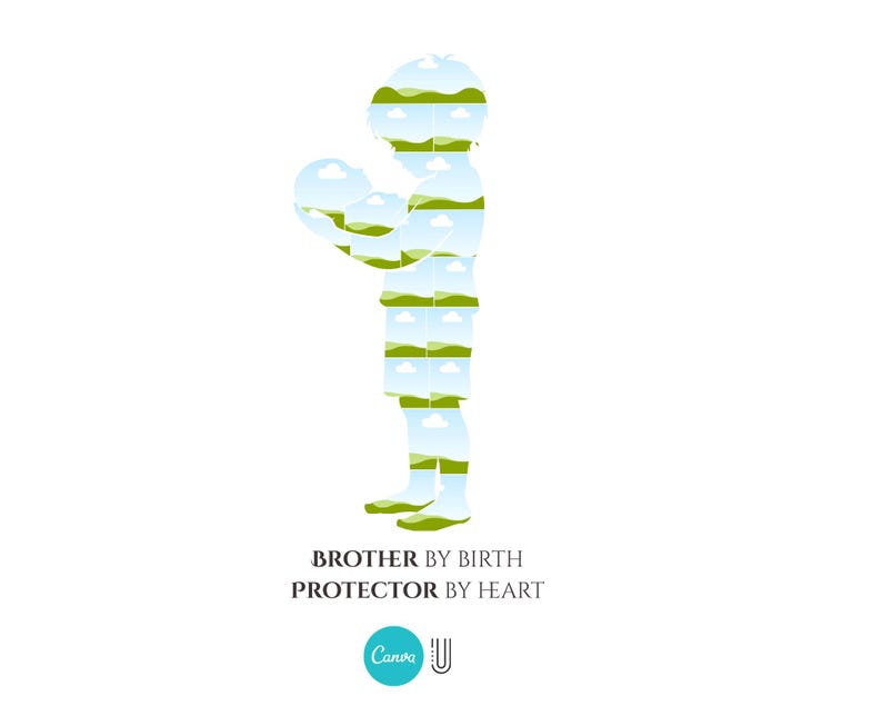 K&ouml;nnte beinhalten: Grafische Silhouette eines Kindes, das einen Ball h&auml;lt, gef&uuml;llt mit Landschaftsbildern. Der Text lautet "BROTHER BY BIRTH PROTECTOR BY HEART" mit einem Canva-Logo darunter, vor wei&szlig;em Hintergrund.