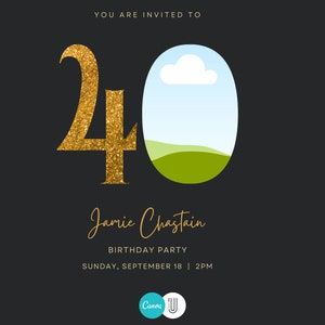 K&ouml;nnte beinhalten: Eine Geburtstagseinladung mit schwarzem Hintergrund. Die Zahl "40" ist in Goldglitter gehalten, mit einem ovalen Ausschnitt, der eine Landschaft zeigt. Der Text lautet "Jamie Chastain BIRTHDAY PARTY SUNDAY, SEPTEMBER 18 | 2PM".