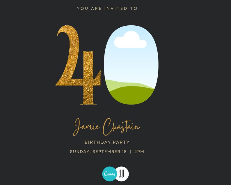 K&ouml;nnte beinhalten: Eine Geburtstagseinladung mit schwarzem Hintergrund. Die Zahl "40" ist in Goldglitter gehalten, mit einem ovalen Ausschnitt, der eine Landschaft zeigt. Der Text lautet "Jamie Chastain BIRTHDAY PARTY SUNDAY, SEPTEMBER 18 | 2PM".