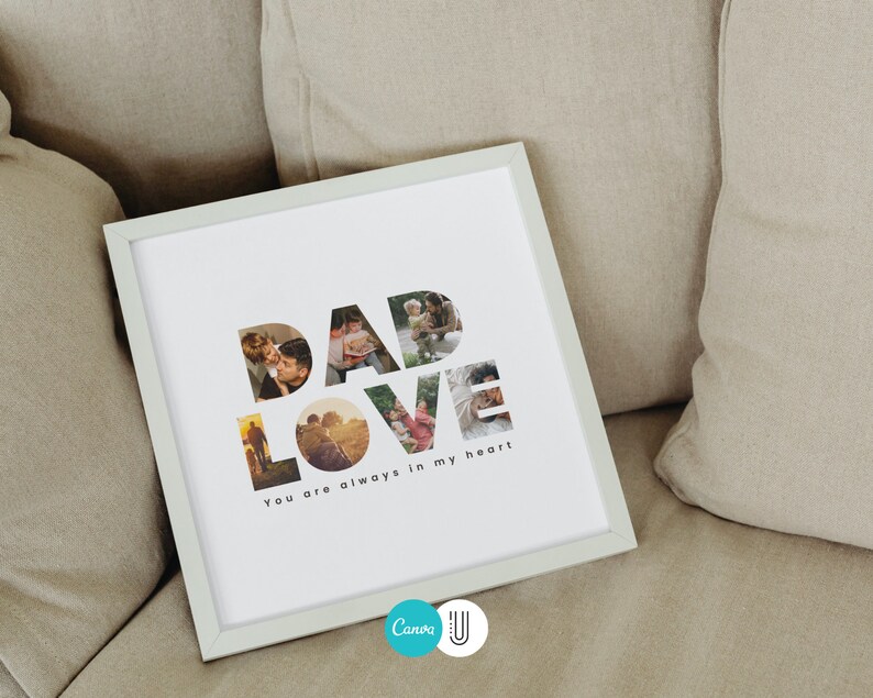 May include: A white framed photo print with the words "DAD LOVE" in large letters, with photos of a family inside the letters. The text below the letters reads "you are always in my heart".