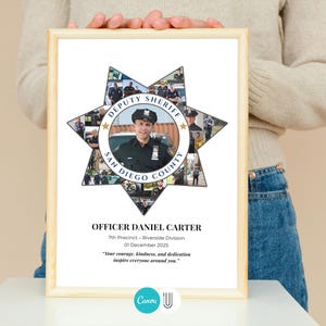 Puede incluir: Una impresi&oacute;n enmarcada con un collage en forma de estrella de im&aacute;genes alrededor de un retrato central de un ayudante del sheriff. El texto dice "Officer Daniel Carter" e incluye una cita. El marco es marr&oacute;n claro.