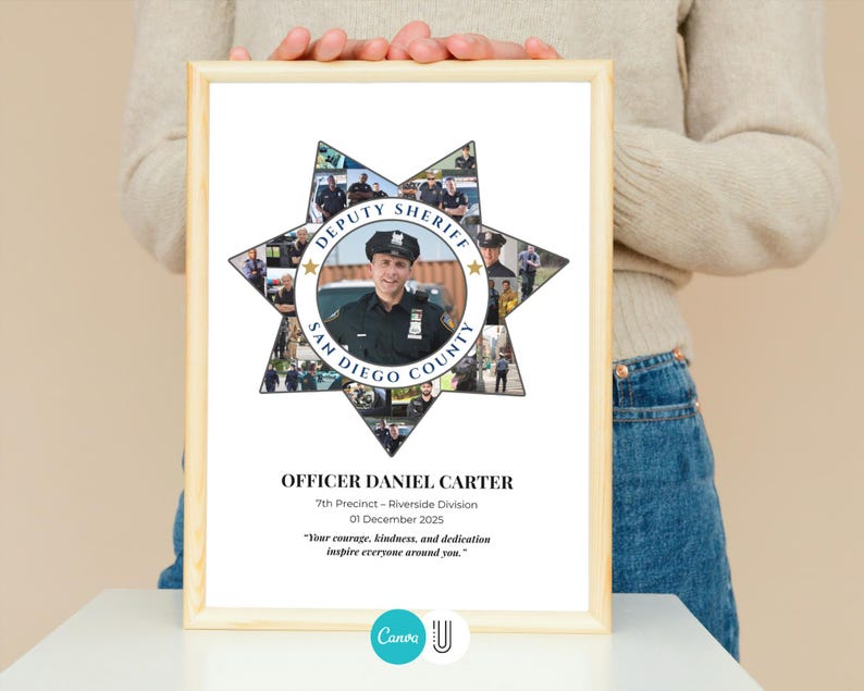 Puede incluir: Una impresi&oacute;n enmarcada con un collage en forma de estrella de im&aacute;genes alrededor de un retrato central de un ayudante del sheriff. El texto dice "Officer Daniel Carter" e incluye una cita. El marco es marr&oacute;n claro.
