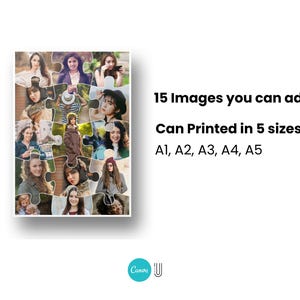 以下が含まれることがあります： 15人の画像が写ったパズル。パズルは白いフレームに入っており、「15 Images you can add」と「Can Printed in 5 sizes A1, A2, A3, A4, A5」という文字が書かれています。 Canvaのロゴが右下にあります。