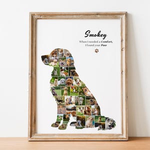 May include: A framed wall art print featuring a dog silhouette composed of a collage of various dog photographs. The text reads Smokey, When I needed a Comfort, I found your Paw, accompanied by a small brown paw print icon on a white background.