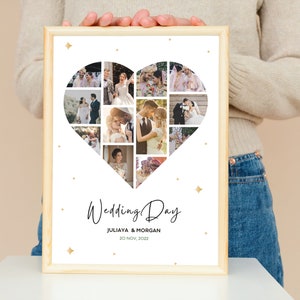 Pu&ograve; includere: Un collage fotografico bianco in una cornice di legno con una forma a cuore composta da foto di una coppia di sposi. Il testo "Wedding Day" &egrave; scritto in corsivo nero con i nomi della coppia e la data del matrimonio sotto. Lo sfondo &egrave; bianco con glitter dorati.