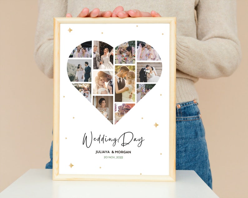 Pu&ograve; includere: Un collage fotografico bianco in una cornice di legno con una forma a cuore composta da foto di una coppia di sposi. Il testo "Wedding Day" &egrave; scritto in corsivo nero con i nomi della coppia e la data del matrimonio sotto. Lo sfondo &egrave; bianco con glitter dorati.