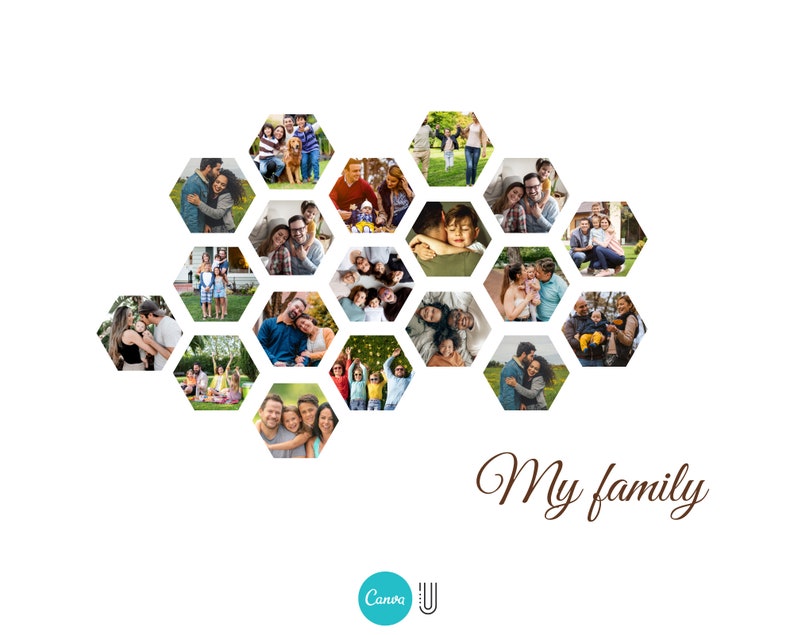 Puede incluir: Un collage de fotos familiares dispuestas en forma de panal de abeja. Las fotos muestran a diferentes personas, incluyendo parejas, ni&ntilde;os y grupos de amigos. El texto "Mi familia" est&aacute; escrito debajo del collage.