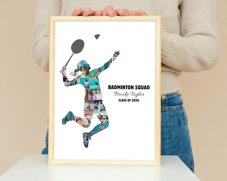 May include: A framed print featuring a badminton player silhouette filled with action photos. The player is mid-swing, holding a racket and reaching for a shuttlecock. Text on the print reads "Badminton Squad, Brooke Taylor, Class of 2026". The frame is light-colored wood.