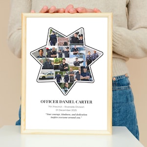 K&ouml;nnte beinhalten: Ein gerahmter Druck mit einer sternf&ouml;rmigen Collage von Fotos von Polizisten. Der Druck enth&auml;lt den Text "OFFICER DANIEL CARTER" und ein Zitat &uuml;ber Mut und Freundlichkeit. Der Rahmen ist hellbraun.