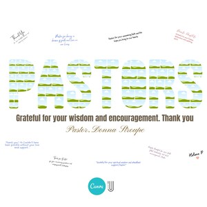 K&ouml;nnte beinhalten: Ein wei&szlig;es Grafikdesign mit dem Wort "PASTORS" in gro&szlig;en Buchstaben, die jeweils mit einem Landschaftsbild gef&uuml;llt sind. Der Text "Grateful for your wisdom and encouragement. Thank you Pastor, Donna Stroupe" steht darunter.
