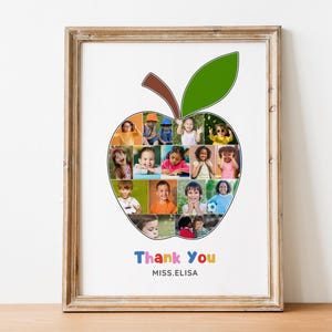 Peut inclure: Impression encadr&eacute;e avec une forme de pomme compos&eacute;e de photos d'enfants. La pomme a une tige marron et une feuille verte. Les mots "Thank You" et "MISS.ELISA" sont &eacute;crits en lettres color&eacute;es en dessous.