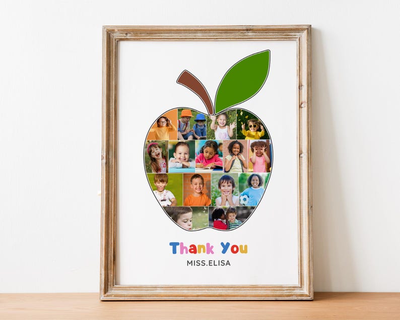 Peut inclure: Impression encadr&eacute;e avec une forme de pomme compos&eacute;e de photos d'enfants. La pomme a une tige marron et une feuille verte. Les mots "Thank You" et "MISS.ELISA" sont &eacute;crits en lettres color&eacute;es en dessous.