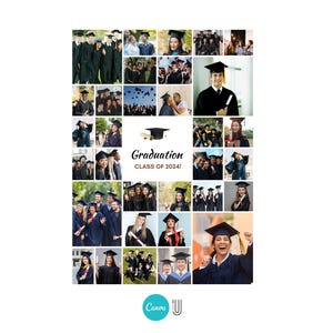 May include: A collage of photographs of graduates wearing caps and gowns. The photos are arranged in a grid pattern and the text "Graduation Class of 2024!" is displayed in the centre.