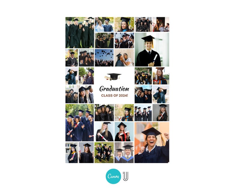 May include: A collage of photographs of graduates wearing caps and gowns. The photos are arranged in a grid pattern and the text "Graduation Class of 2024!" is displayed in the centre.