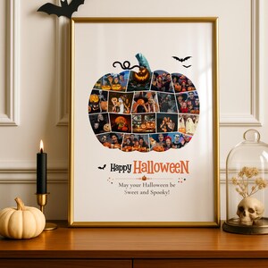 Peut inclure: Une affiche verticale encadr&eacute;e pr&eacute;sentant un collage photo en forme de citrouille avec diverses images sur le th&egrave;me d'Halloween. Le texte indique Happy Halloween et May your Halloween be Sweet and Spooky. L'affiche est dans un cadre dor&eacute;.