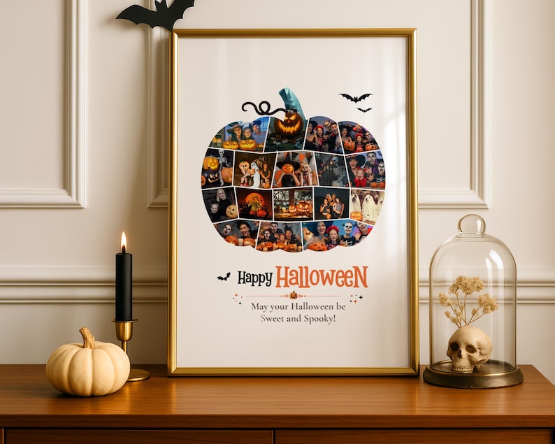 Peut inclure: Une affiche verticale encadr&eacute;e pr&eacute;sentant un collage photo en forme de citrouille avec diverses images sur le th&egrave;me d'Halloween. Le texte indique Happy Halloween et May your Halloween be Sweet and Spooky. L'affiche est dans un cadre dor&eacute;.