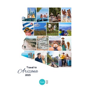 May include: A collage of images in the shape of Arizona, showcasing travel scenes. The images include people enjoying outdoor activities, scenic landscapes, and maps. Text reads "Travel to Arizona 2025".