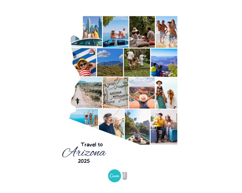 May include: A collage of images in the shape of Arizona, showcasing travel scenes. The images include people enjoying outdoor activities, scenic landscapes, and maps. Text reads "Travel to Arizona 2025".