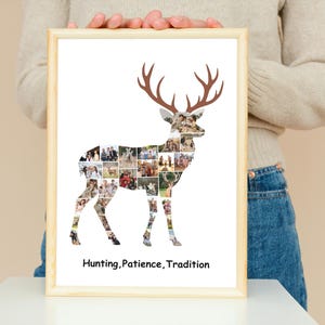 Pode incluir: Uma impress&atilde;o emoldurada com a silhueta de um veado preenchida com uma colagem de fotos de v&aacute;rias pessoas e cenas ao ar livre. O veado tem chifres castanhos e o texto "Hunting, Patience, Tradition" est&aacute; impresso a preto no fundo branco.