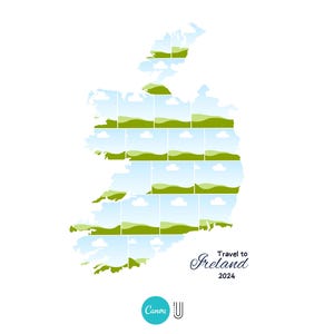 Op de afbeelding: Een kaart van Ierland gemaakt van kleine vierkanten, elk met een groen veld en een blauwe lucht met witte wolken. De tekst "Travel to Ireland 2024" staat onder de kaart.