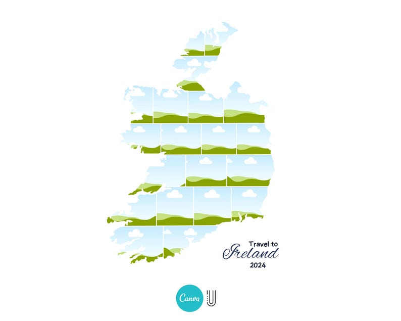Op de afbeelding: Een kaart van Ierland gemaakt van kleine vierkanten, elk met een groen veld en een blauwe lucht met witte wolken. De tekst "Travel to Ireland 2024" staat onder de kaart.