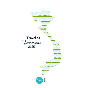 May include: A white graphic with a map of Vietnam filled with landscape images. The text "Travel to Vietnam 2025" is in dark blue script. A teal circle with the Canva logo is in the lower left corner.