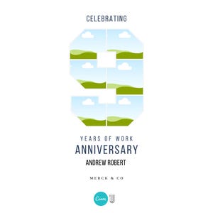 May include: A graphic design celebrating 9 years of work anniversary for Andrew Robert at Merck & Co. The number 9 is made up of green and blue squares with a white background. The text is in black.